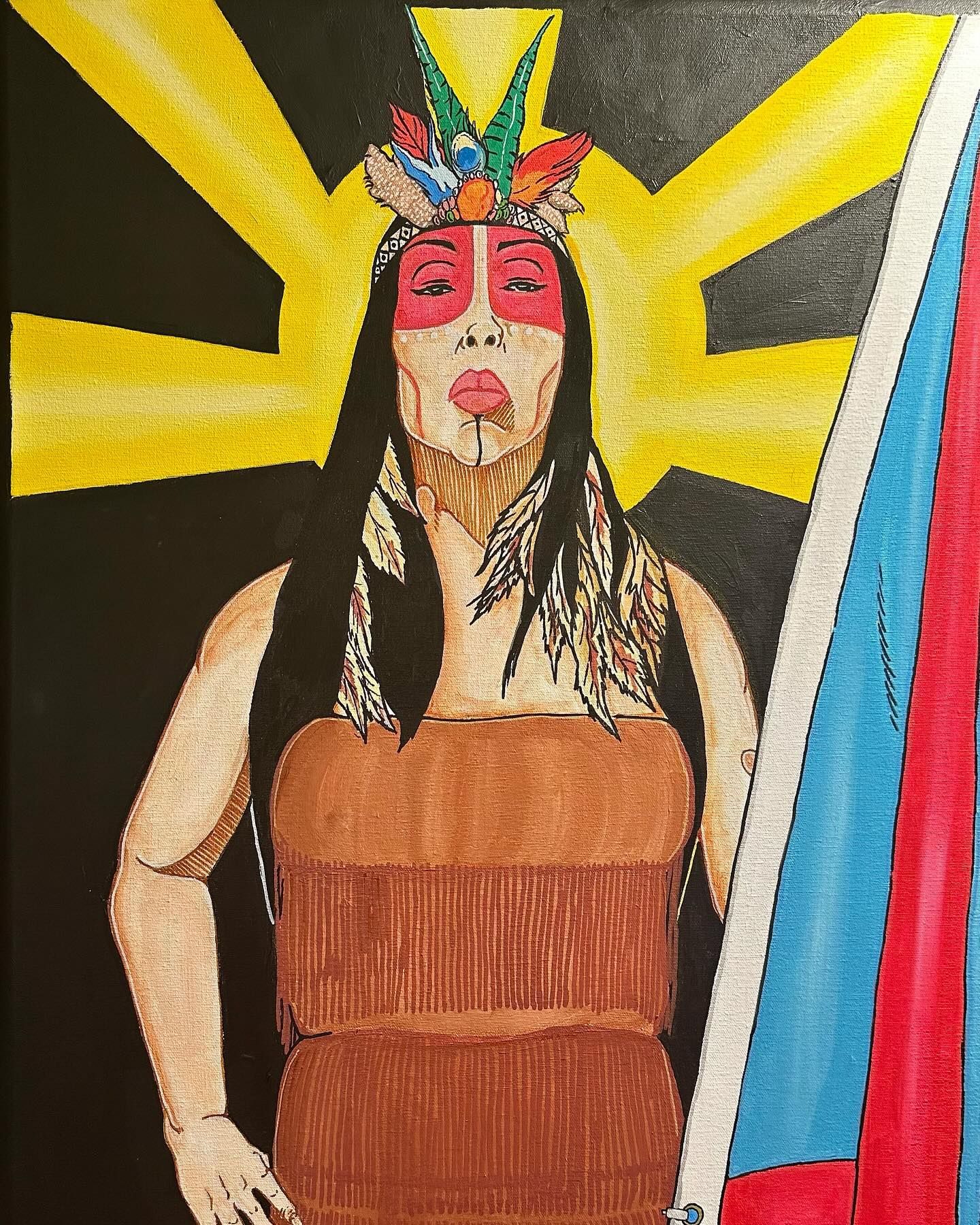 A painting of a woman with feathers on her head