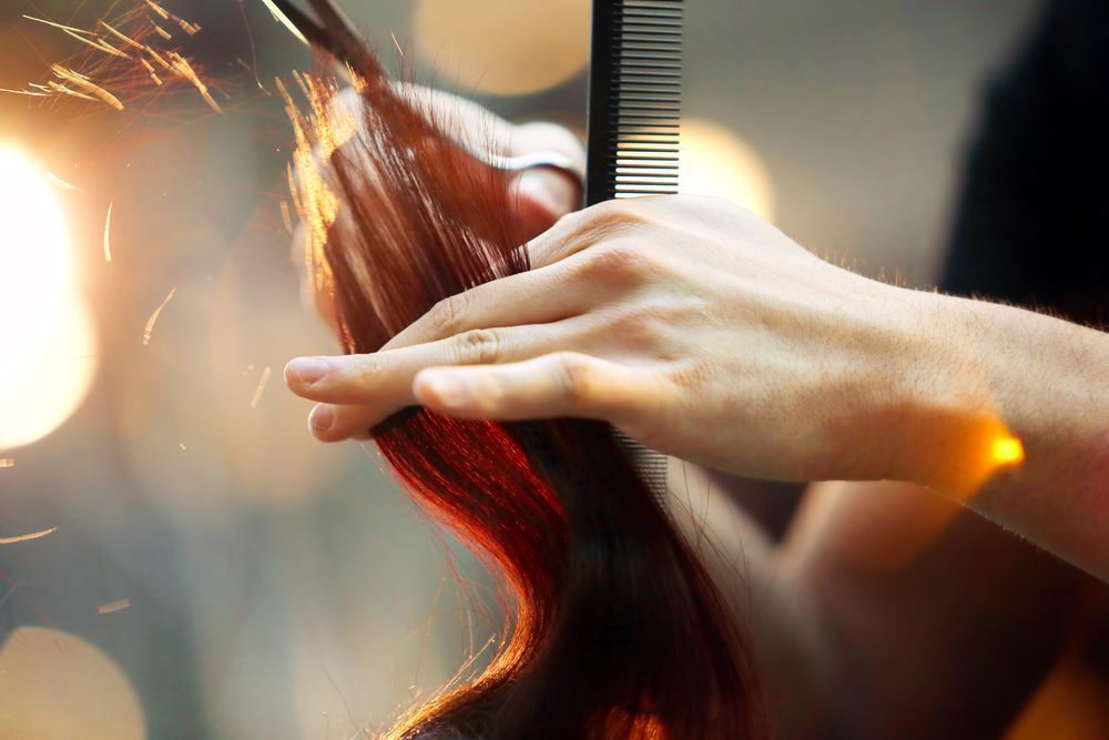 Hairdresser Cutting Red Hair With Scissors and Comb — Amore 'D' Hair Studio in Mudjimba, QLD