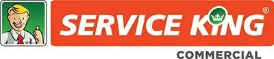 Logo for Service King Commercial featuring a cartoon person next to white text on an orange background with a crown icon.