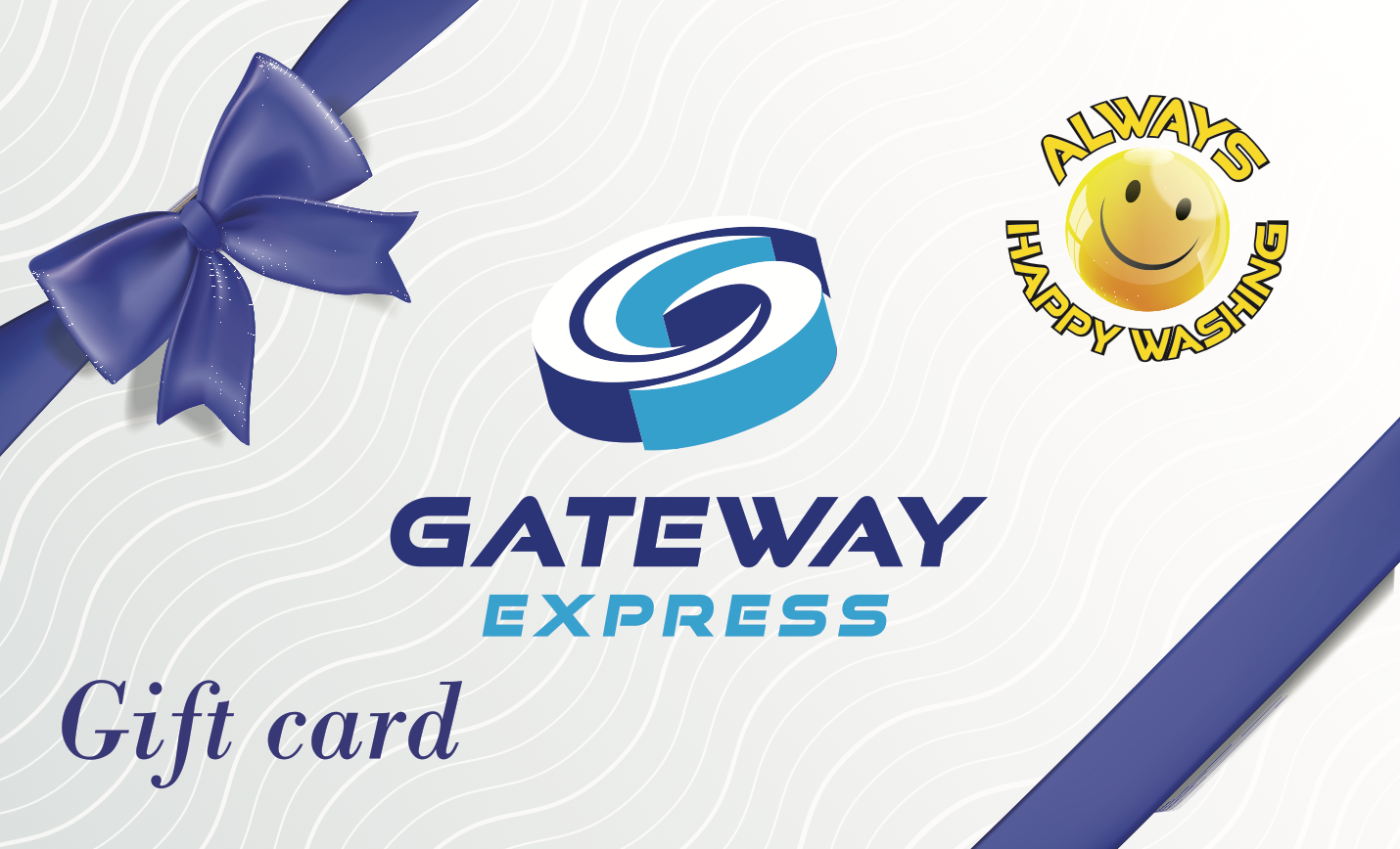 Gift card for Gateway Express, blue bow, logo, and smiley face on a white, wavy background.
