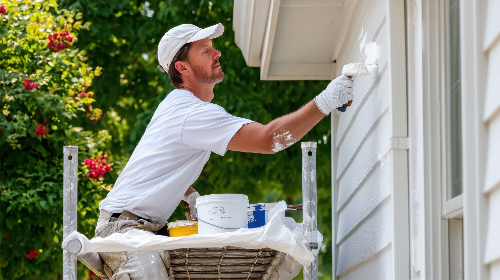 Person painting the exterior of a white house with a paintbrush on a sunny day.