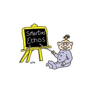 cartoon image of baby pointing at a blackboard which says Smarties ethos
