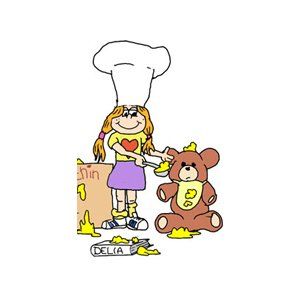 drawing of little girl cooking with her teddy