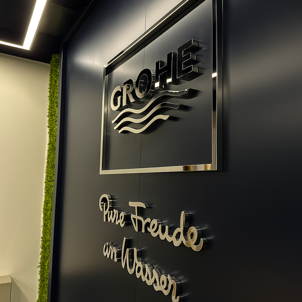 Dubai Grohe office reception back panel with Grohe logo in stainless steel finish by Concept Art Decor