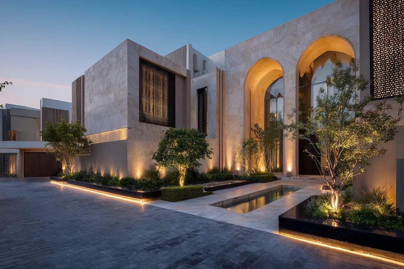 Modern Arabian luxury villa design in Dubai with arched façade, landscape lighting and premium exterior architecture by Concept Art Decor