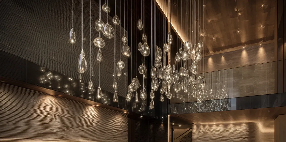 Architectural lighting design in a luxury double-height interior featuring cascading pendant chandelier, recessed ceiling lights and integrated cove lighting