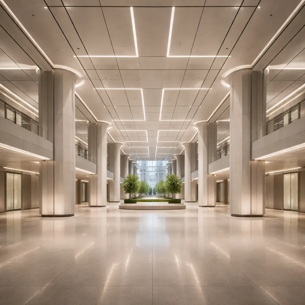 Flagship commercial interior showcasing double-height volumes, precision lighting and structural scale in Dubai.