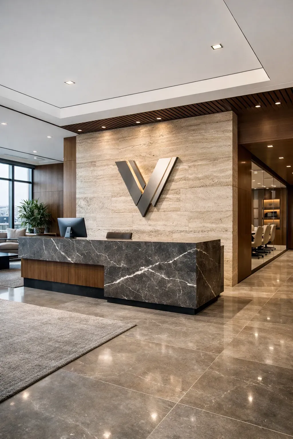 Premium commercial interior in Dubai showcasing durable stone finishes and high-quality office craftsmanship