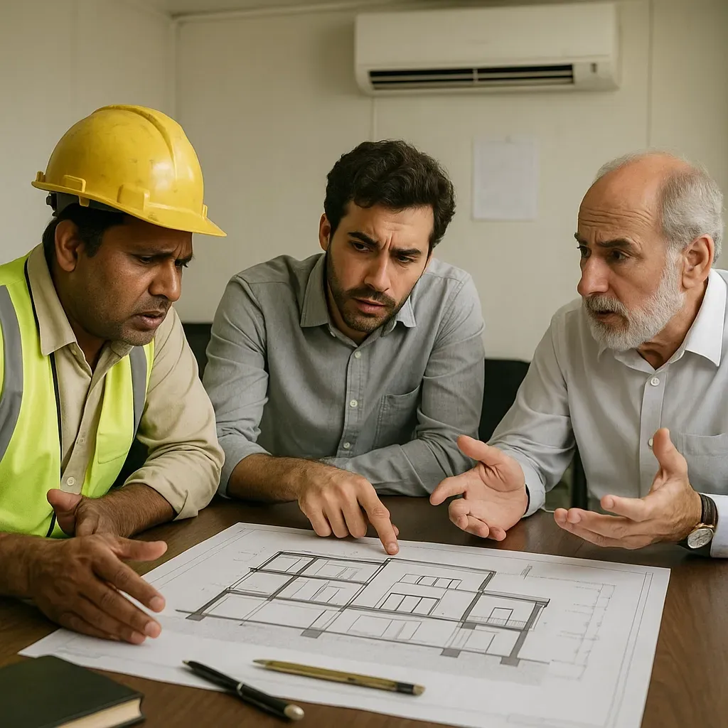 Architect, consultant and Concept Art Decor collaborating on Dubai villa renovation execution drawings and addressing issues.