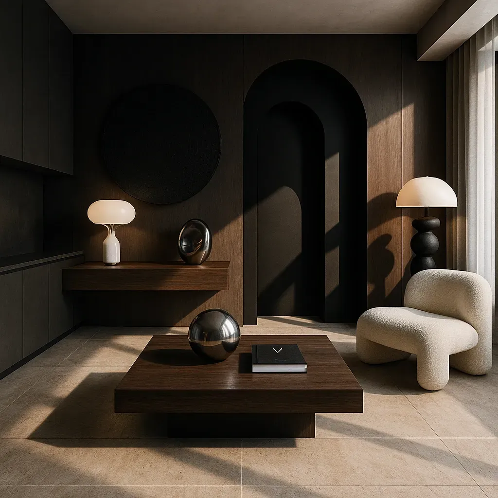 hero image modern luxury living room interior in Dubai with contemporary wood finishes designed by Concept Art Decor.