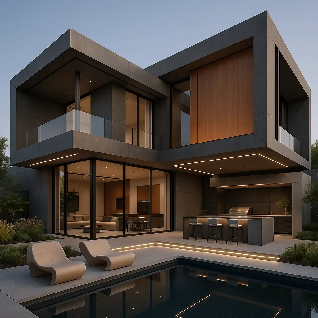 modern luxury villa exterior dubai palm jumeirah skyline view