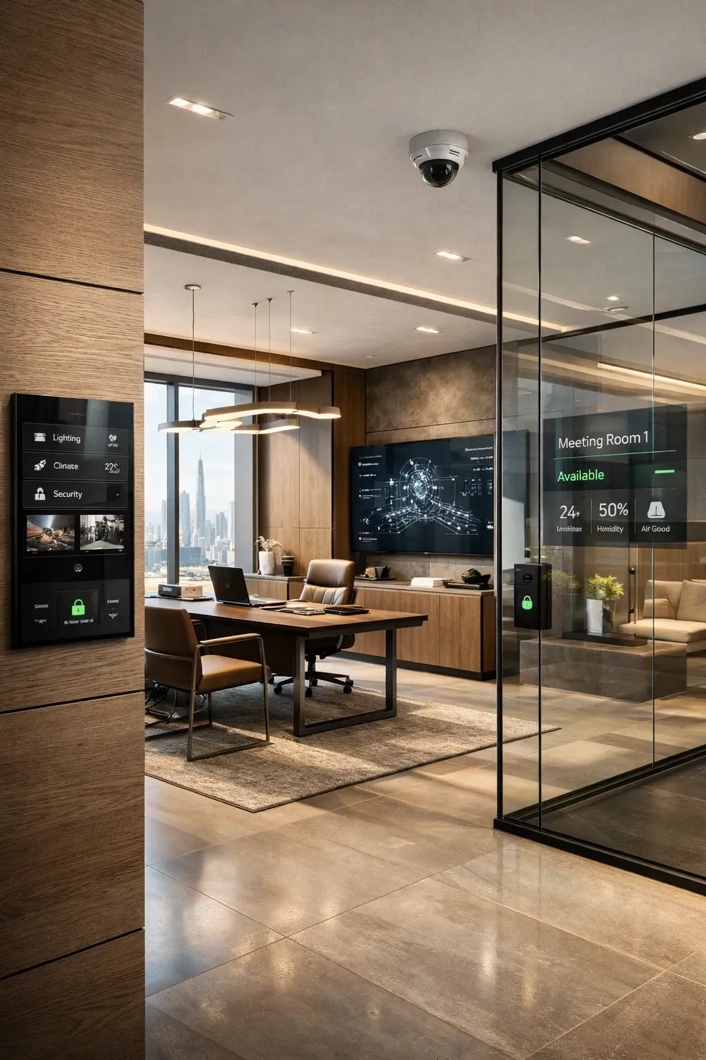 Smart commercial office interior in Dubai with integrated intelligent building systems and digital controls