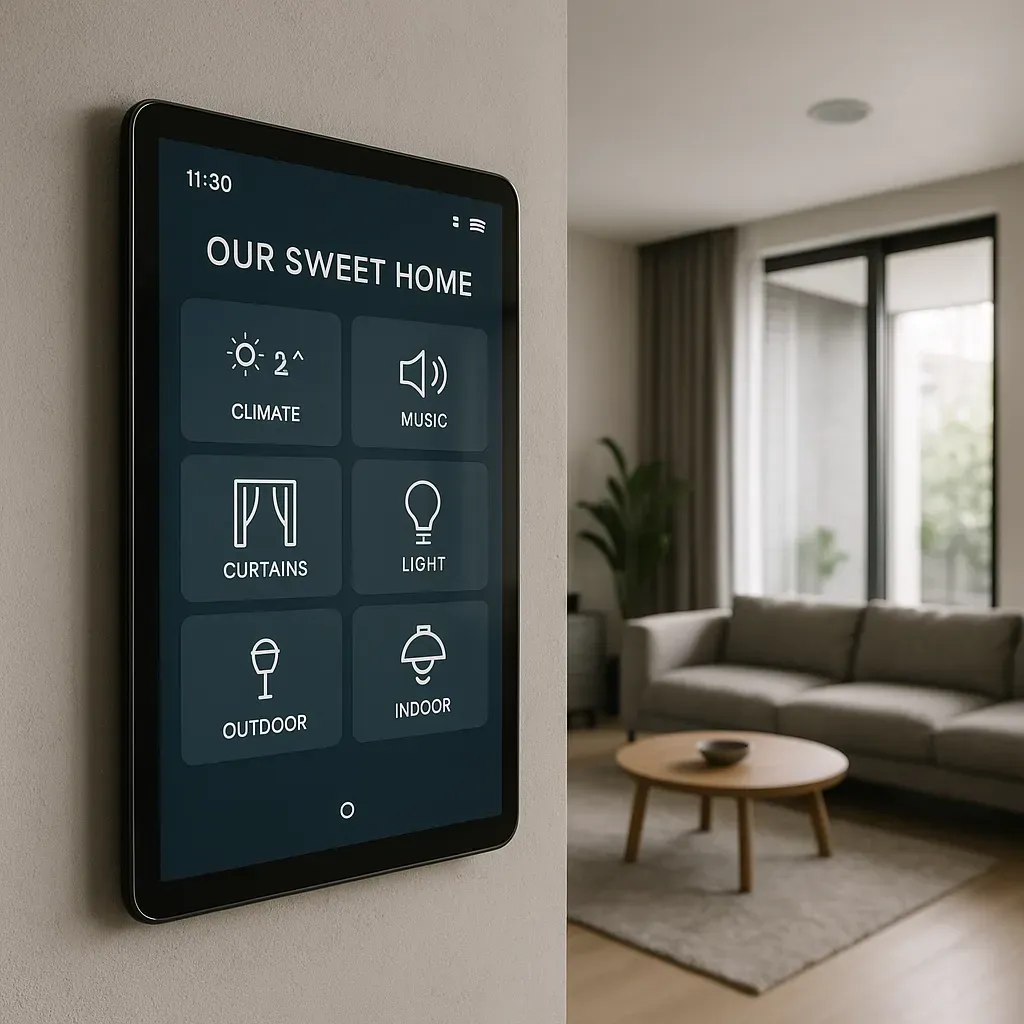 Close-up view of a Dubai smart-home control interface with touchscreen for lighting, AC, speakers, blinds, main door.