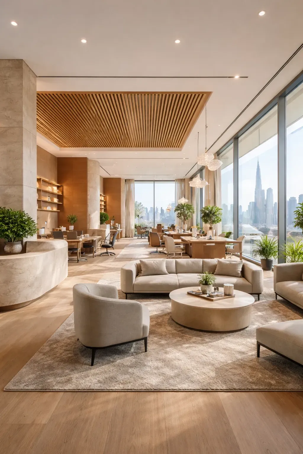 Dubai commercial interior designed for workplace comfort and productivity with warm modern office atmosphere