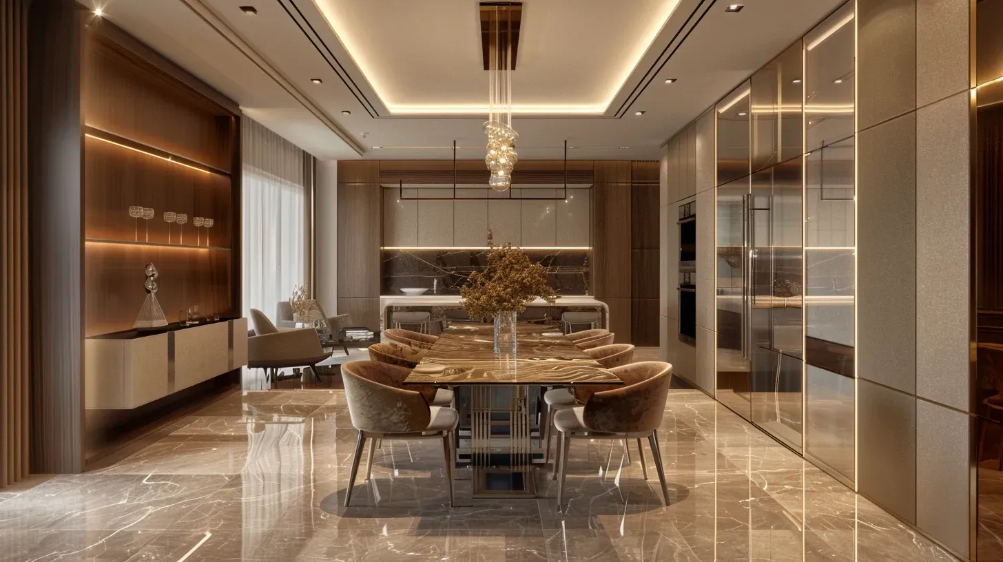 Luxury kitchen with sintered stone island and minimalist cabinetry used in high-end villa renovation in Dubai