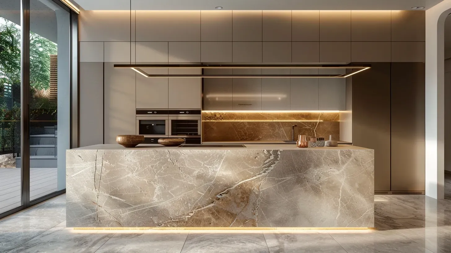 Luxury modern kitchen with sintered stone island and bespoke cabinetry used in high-end villa renovation in Dubai