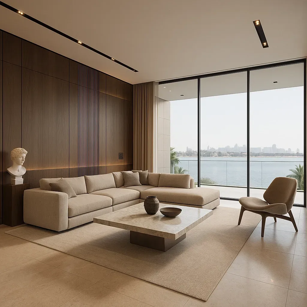 Hero image Luxury Palm Jumeirah villa interior design smart home controls, sustainable joinery by Concept Art Decor.