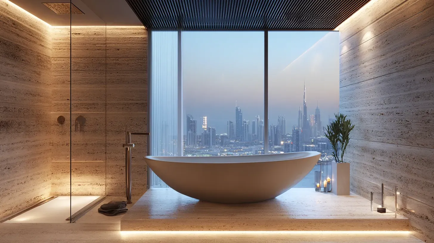 Luxury minimalist stone bathroom with travertine slabs and freestanding bathtub used in high-end villa renovation in Dubai.