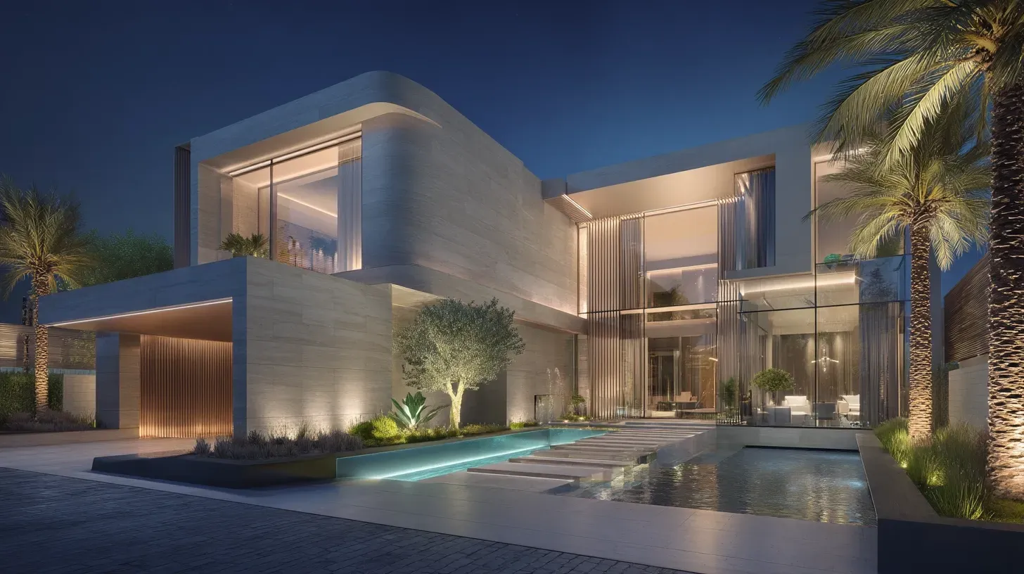 Contemporary sculptural luxury villa in Dubai with curved modern façade, premium materials and architectural lighting design