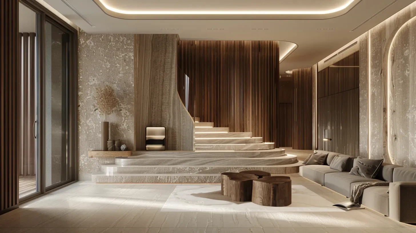 Luxury wall finishes in Dubai featuring wood panels, designer wallpaper, decorative plaster and architectural mirror detailing.