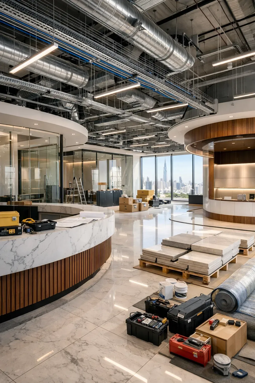 Commercial fit-out execution in Dubai showing exposed infrastructure and coordinated office interior engineering
