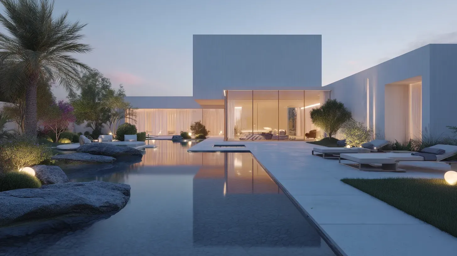 Modern luxury villa exterior in Dubai with contemporary architecture and premium landscaping designed by Concept Art Decor