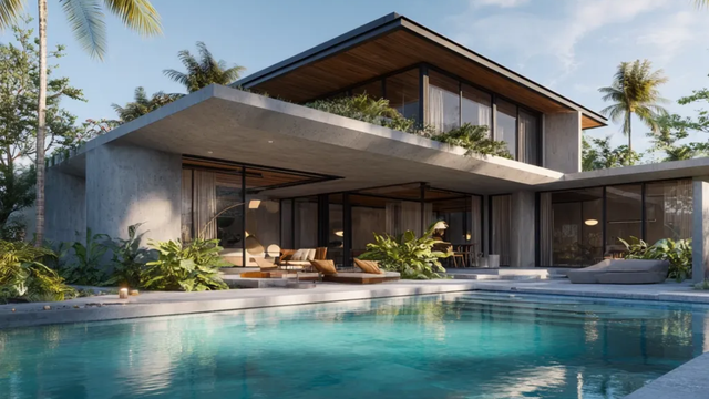 Modern tropical luxury villa design in Dubai featuring poolside living, minimalist architecture and contemporary outdoor lifestyle concept