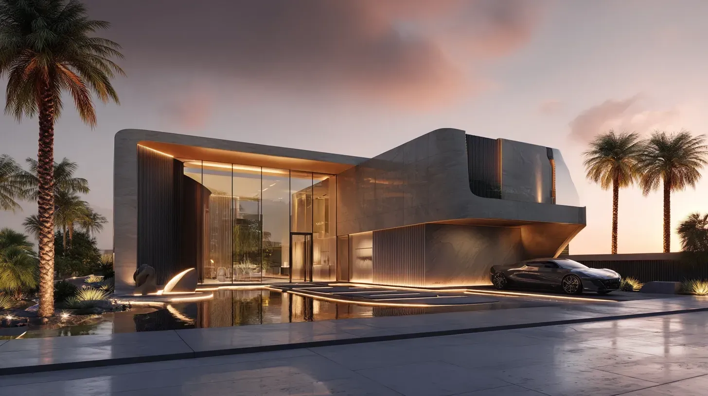 Minimalist modern luxury villa design in Dubai with clean white architecture, panoramic glazing and elegant contemporary exterior