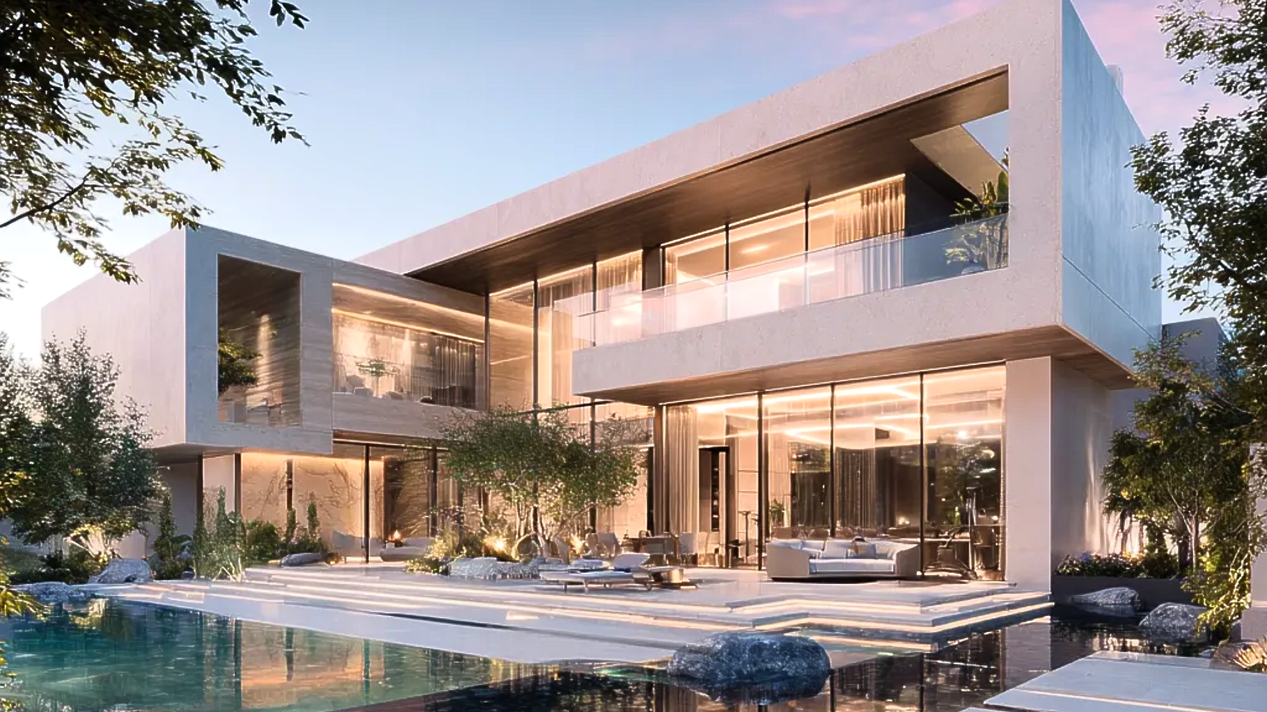 Ultra modern luxury villa in Dubai with glass façade, contemporary lighting and high-end exterior architecture design by Concept Art Decor