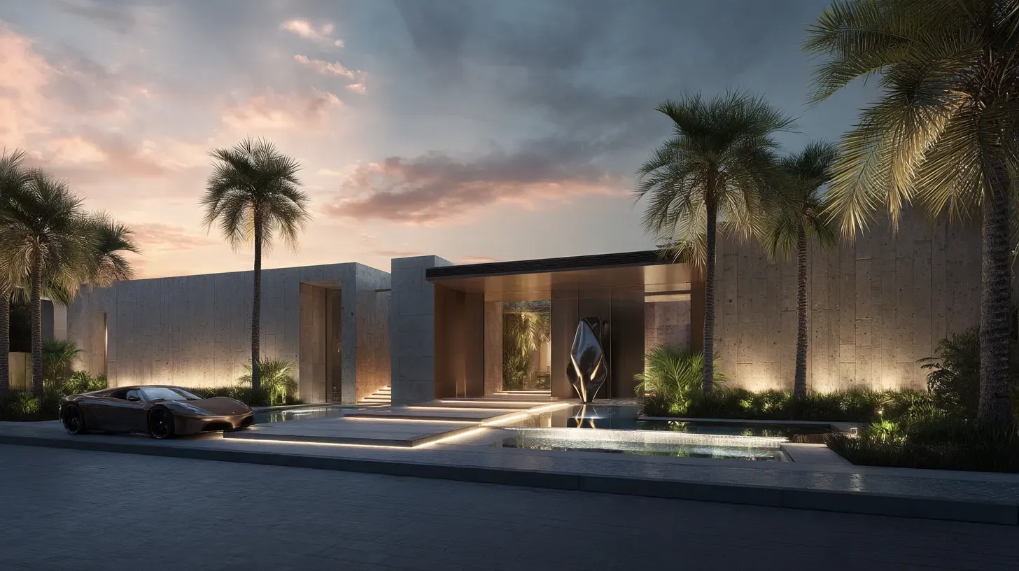 Modern single-family luxury villa in Dubai with minimalist façade, landscape integration and contemporary residential architecture