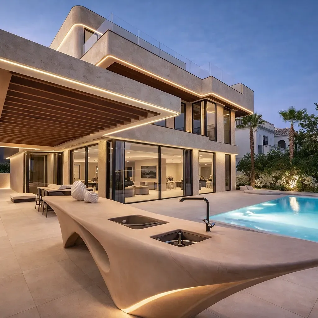 Luxury Palm Jumeirah villa interior and exterior designed for coastal conditions, featuring durable materials, refined finishes, and bespoke fit-out execution by Concept Art Decor