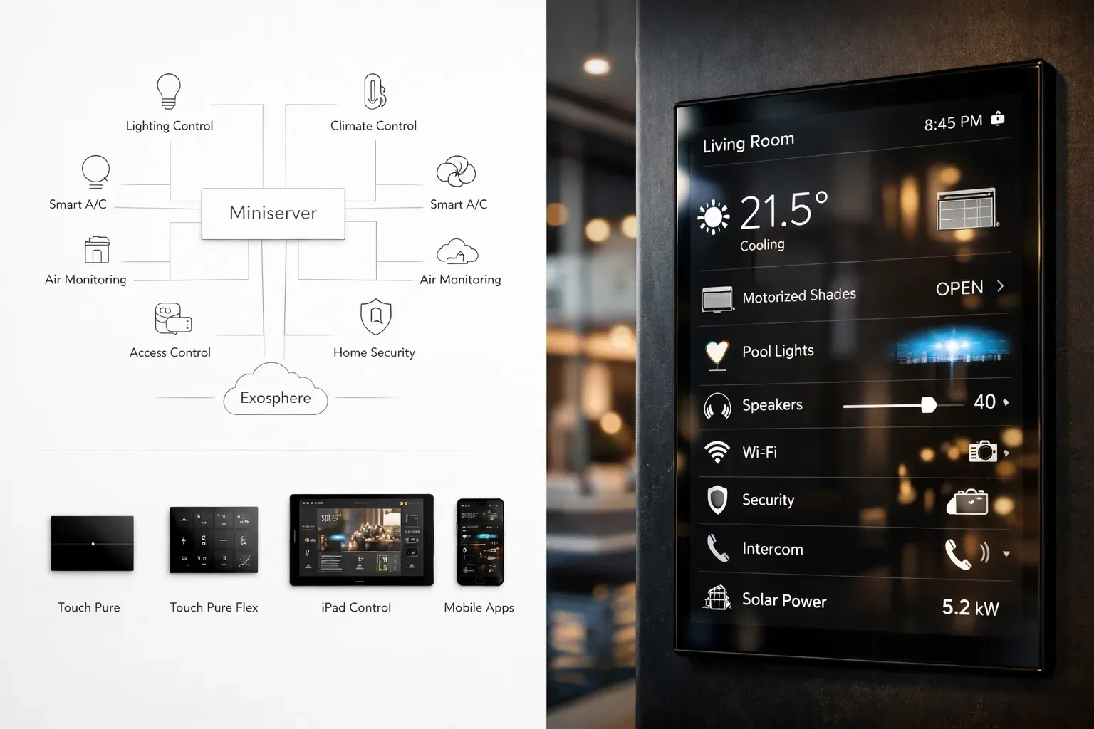 Smart home automation and ELV system integration in a luxury Dubai villa showing lighting control, climate control, security, solar energy and centralized touchscreen home management.
