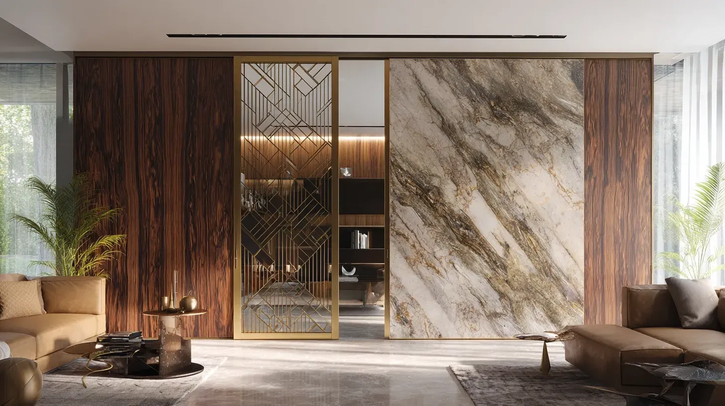 Luxury stainless steel mashrabiya wall panel with champagne PVD finish used in high-end villa interior design in Dubai.