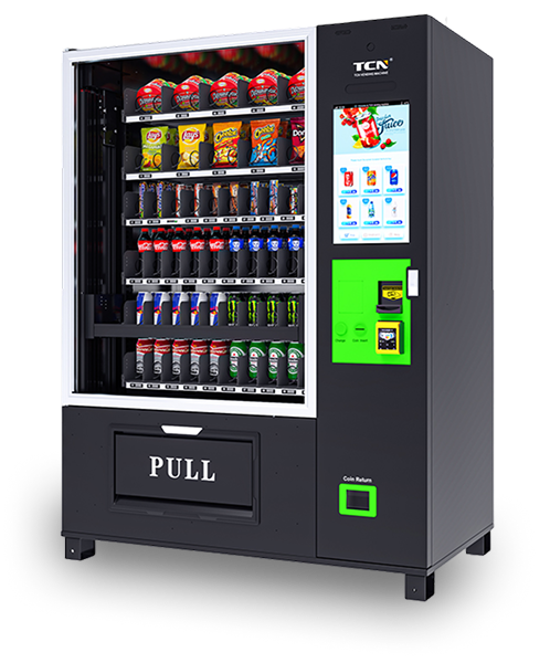 Black and white vending machine with snacks and drinks. Touchscreen interface, pull-out drawer.
