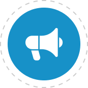 White megaphone icon on a blue circle, indicating announcement or promotion.