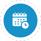 Blue circle with a white calendar and clock icon, representing a schedule.