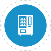 White vending machine icon on a blue circle.