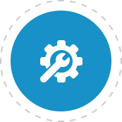 Blue circle with white gear and wrench.