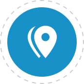 White location pin with curved accent on a blue circle, within a dashed circle.