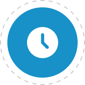 Clock icon within a blue circle, with a dashed outline.