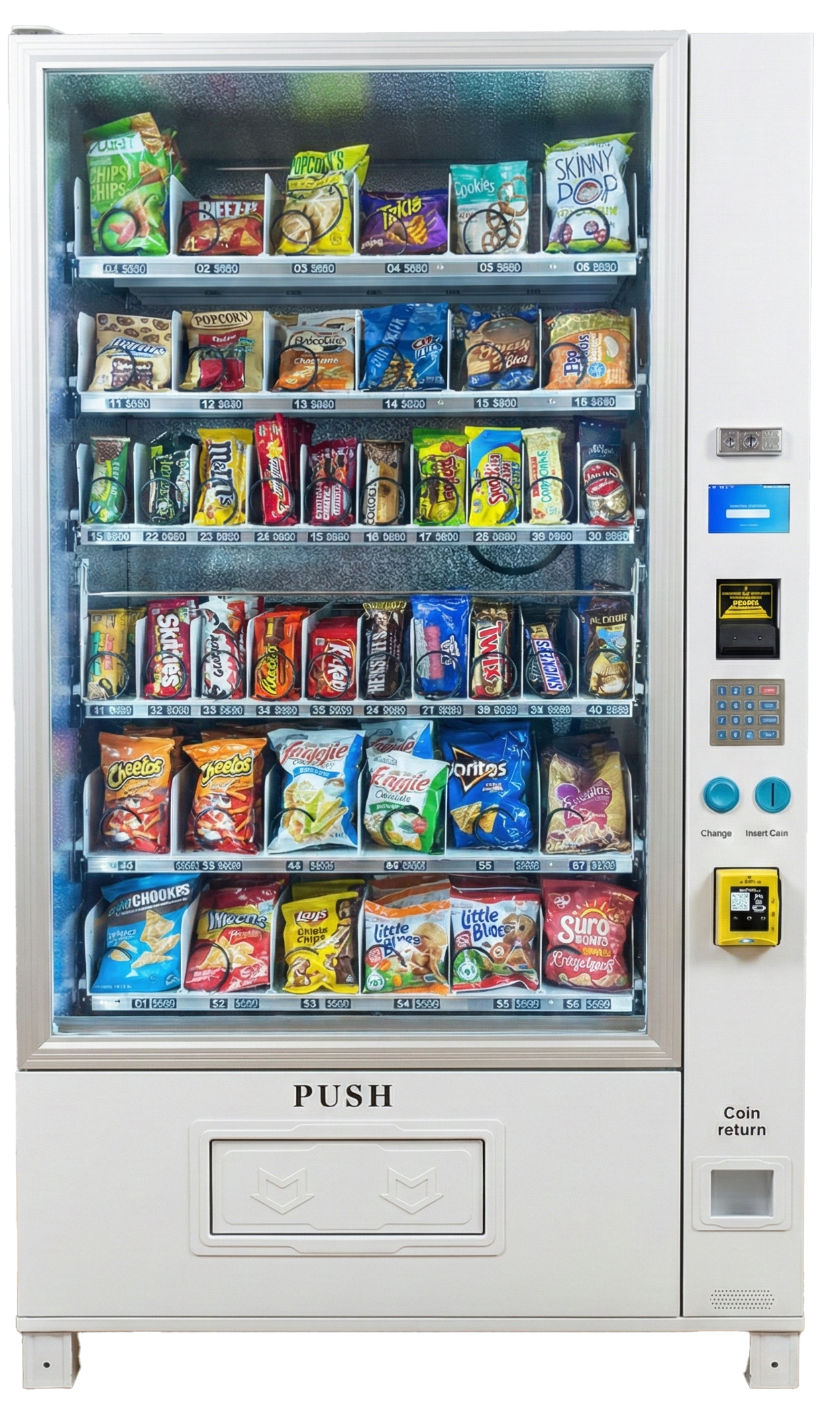 White snack vending machine filled with various packaged food items.