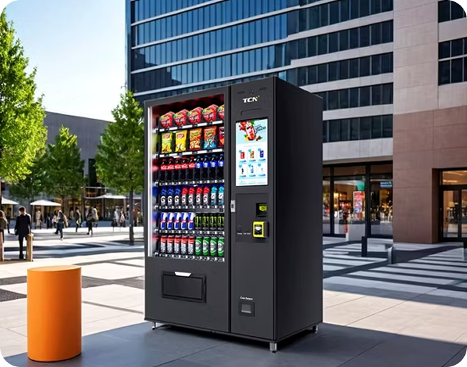 Black vending machine on a city sidewalk, stocked with snacks and drinks, orange cylinder nearby, modern building backdrop.