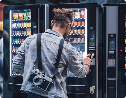 Man using a vending machine, a camera hangs around his neck.
