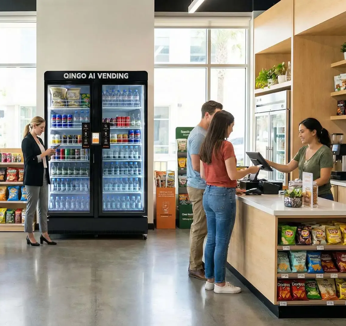 Woman selecting a drink from a coffee machine in an office setting.