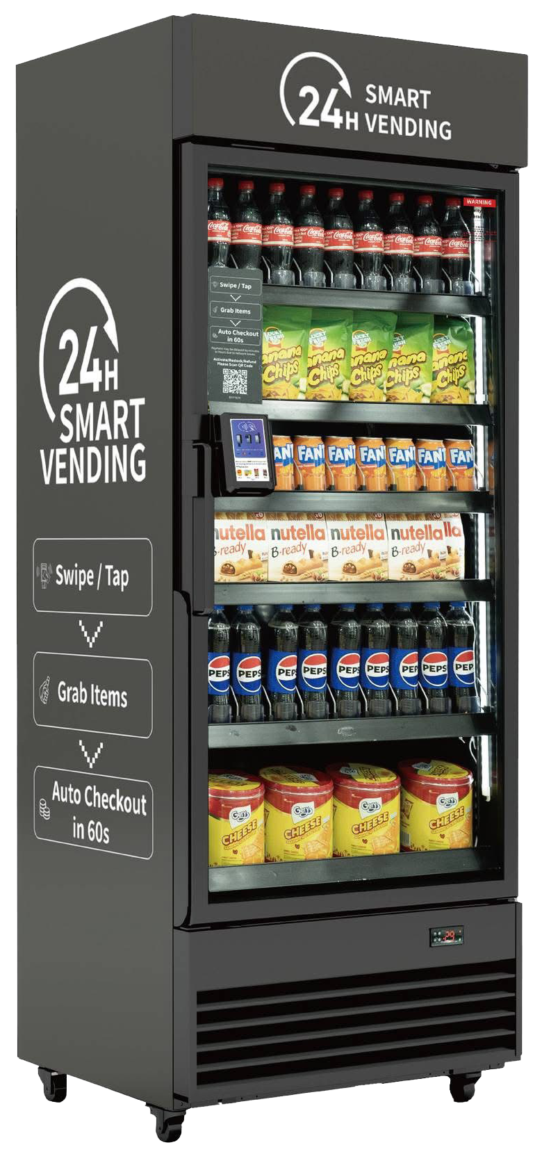 Black vending machine with drinks and snacks, 24-hour smart vending.