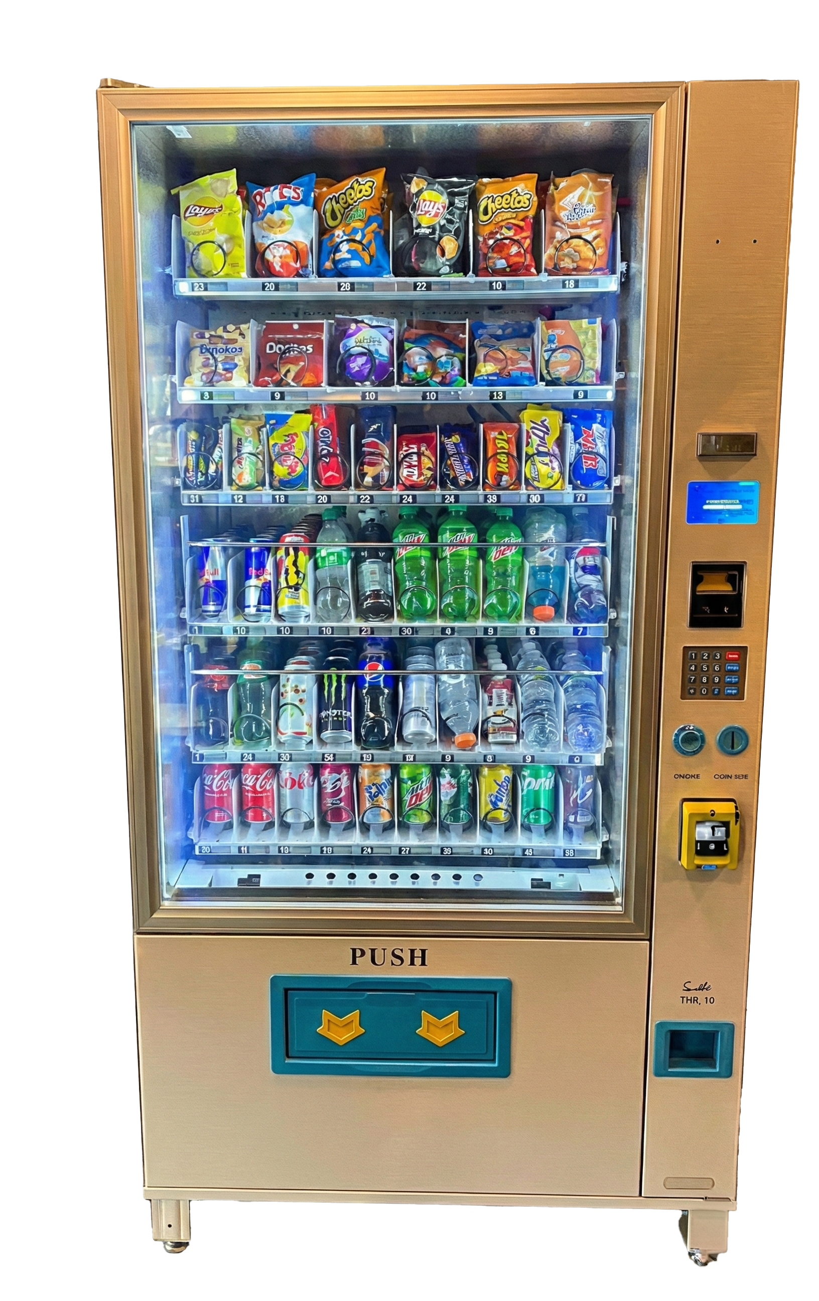 Vending machine stocked with snacks and drinks; beige exterior, glass front.