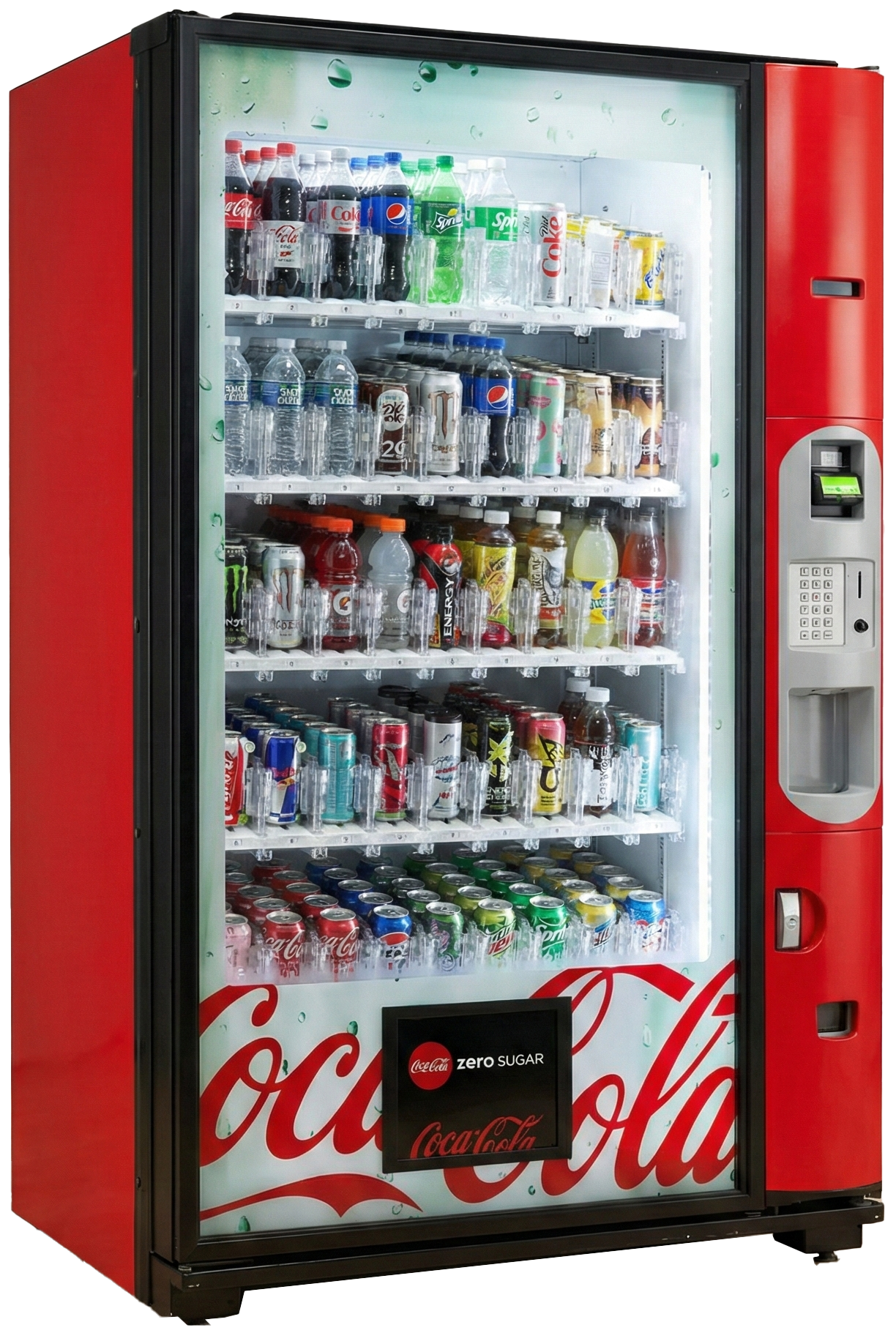 Red Coca-Cola vending machine with a glass front displaying various bottled and canned beverages.