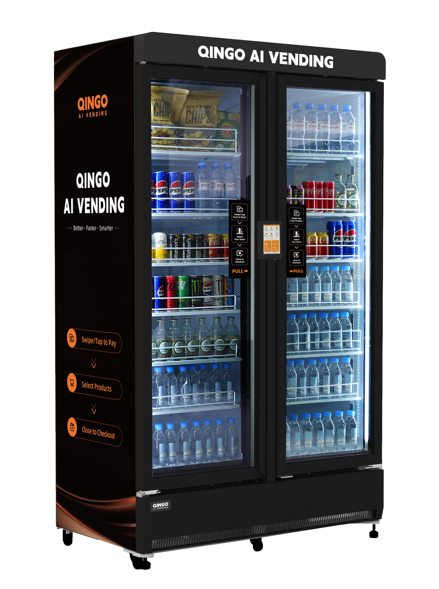 Woman points at water dispenser while man smiles at her in an office.