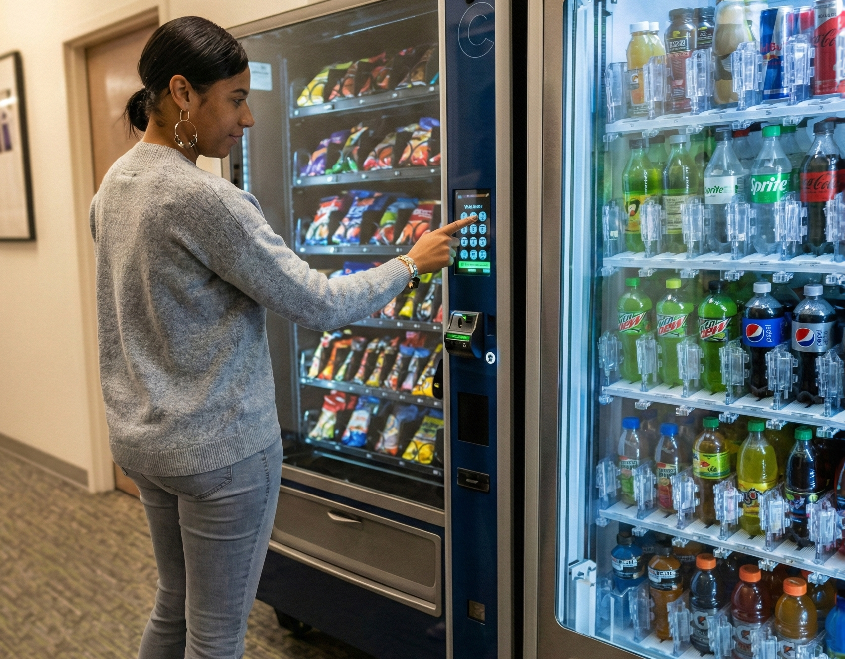 Woman selecting a snack from a vending machine, inside a building.