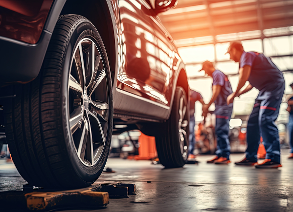 A group of mechanics are working on a car in a garage.